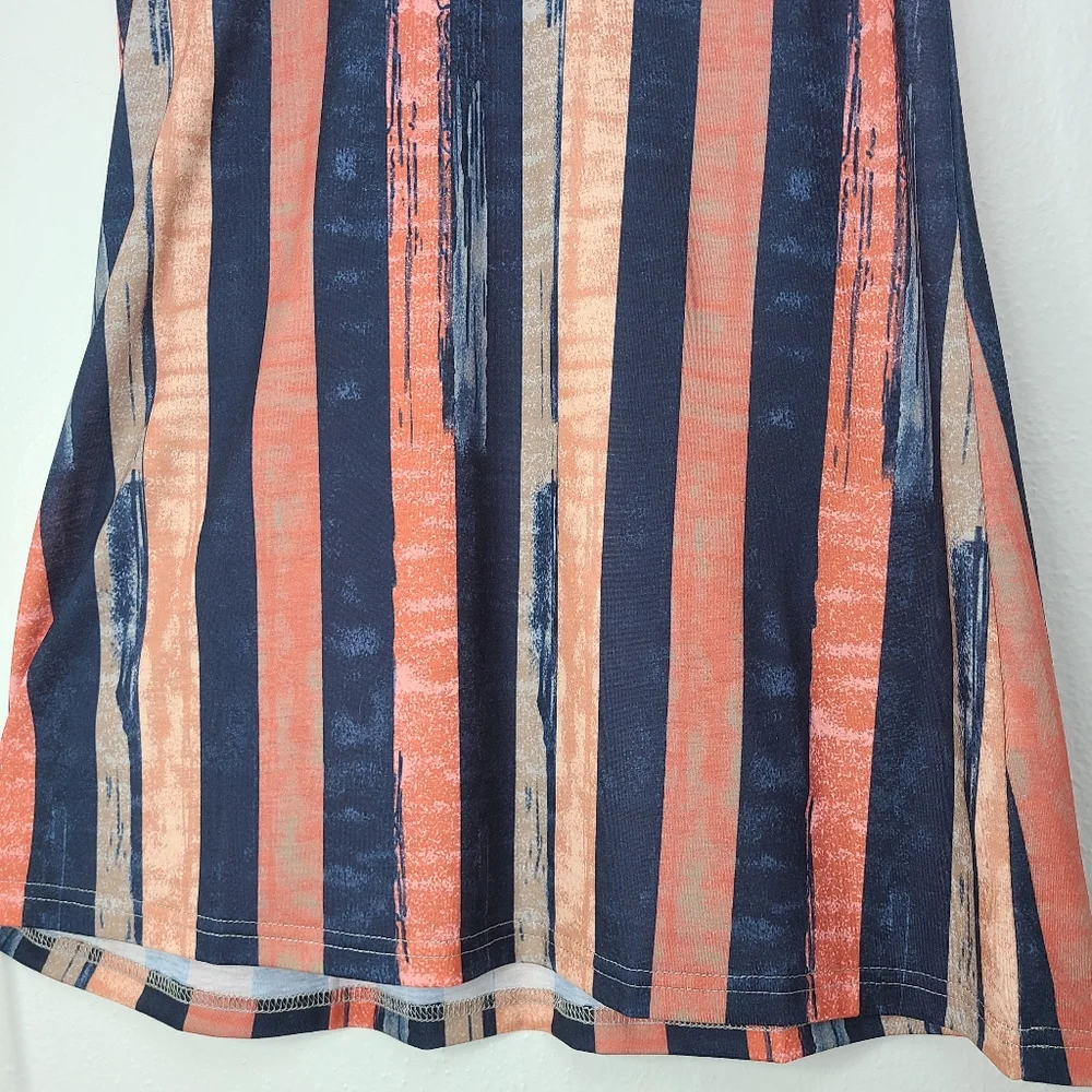 Exclusive Short Sleeve V-Neck Knit Mini Dress Stripes Blue Peach Size Small_5